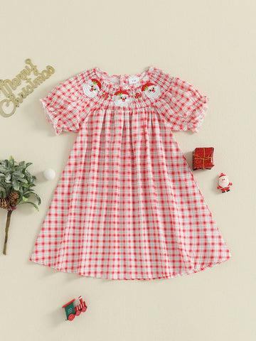 MQTIME  -  Girls Plaid A-line Dress with Short Sleeves and O Neck Featuring Santa Claus Embroidery for Christmas Festivities